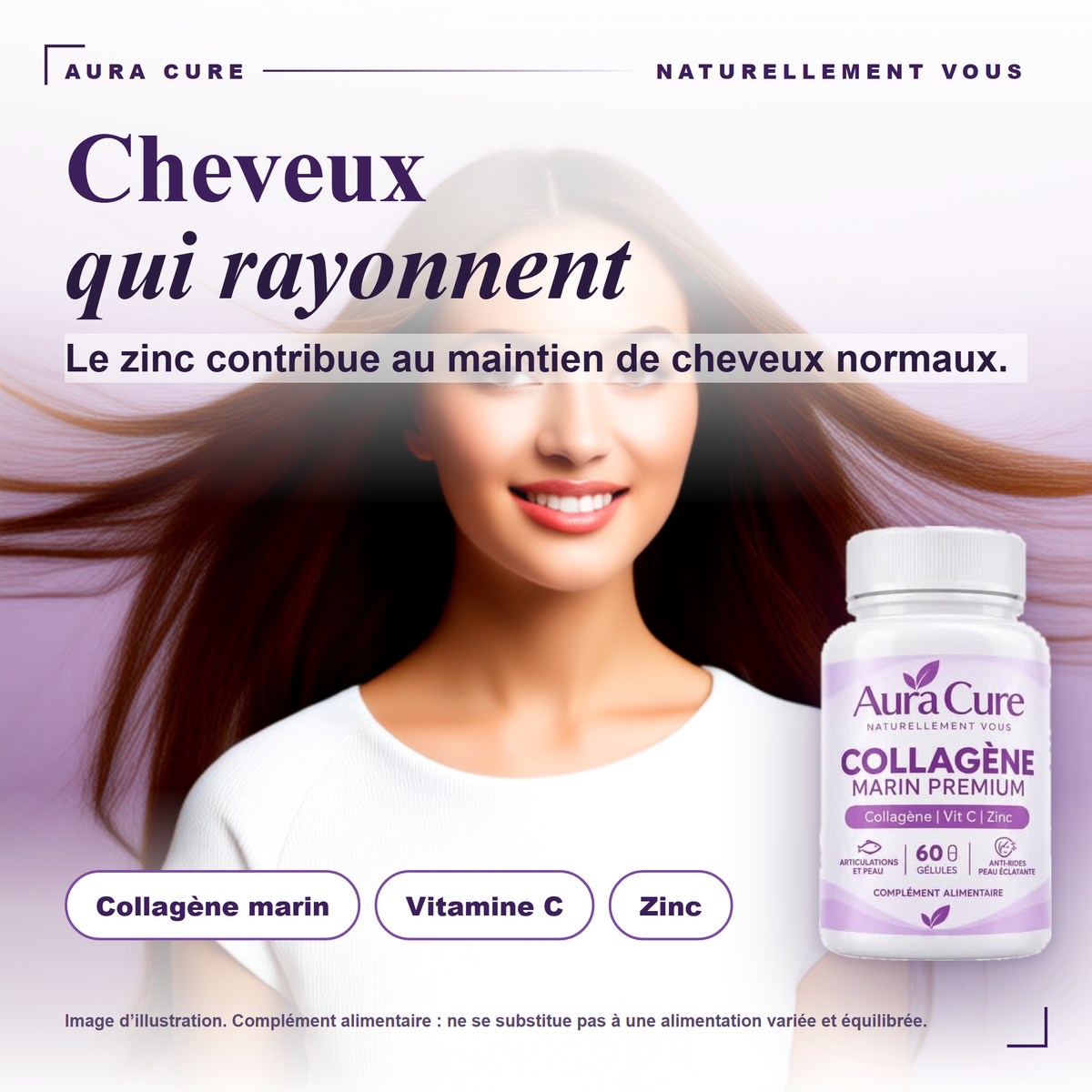 Aura Cure Collagène Marin Premium - bénéfice cheveux, le zinc contribue au maintien de cheveux normaux