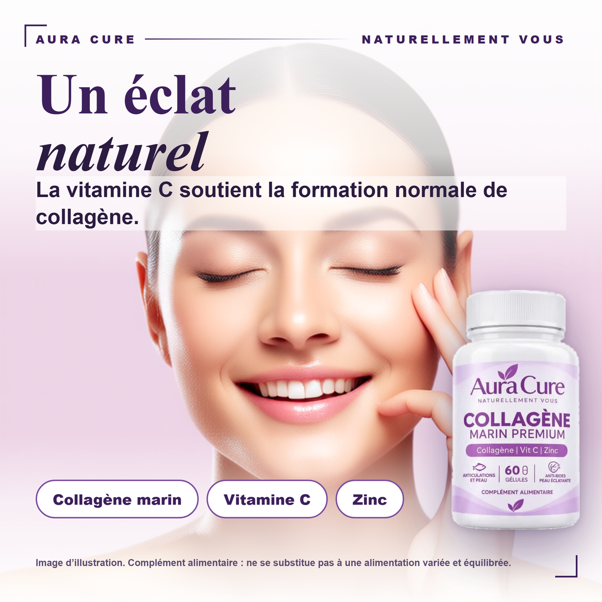 Aura Cure Collagène Marin Premium - bénéfice peau, la vitamine C soutient la formation normale de collagène