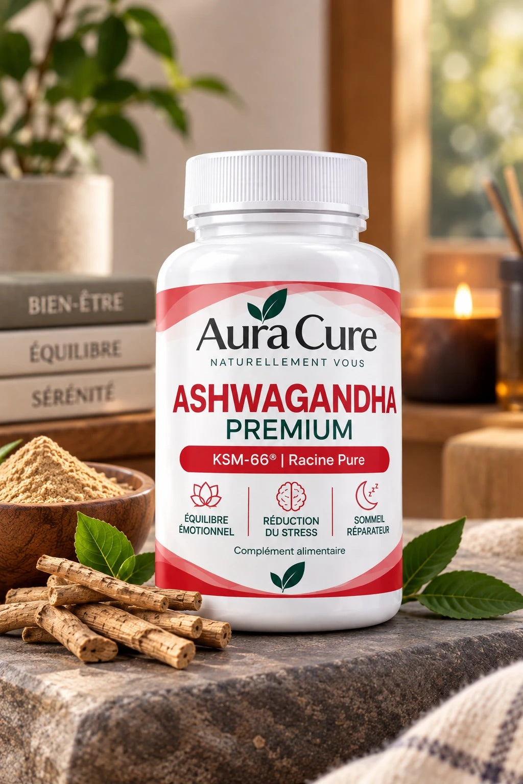 Aura Cure Ashwagandha Premium KSM-66 racine pure — flacon de gélules sur pierre avec racines d'ashwagandha