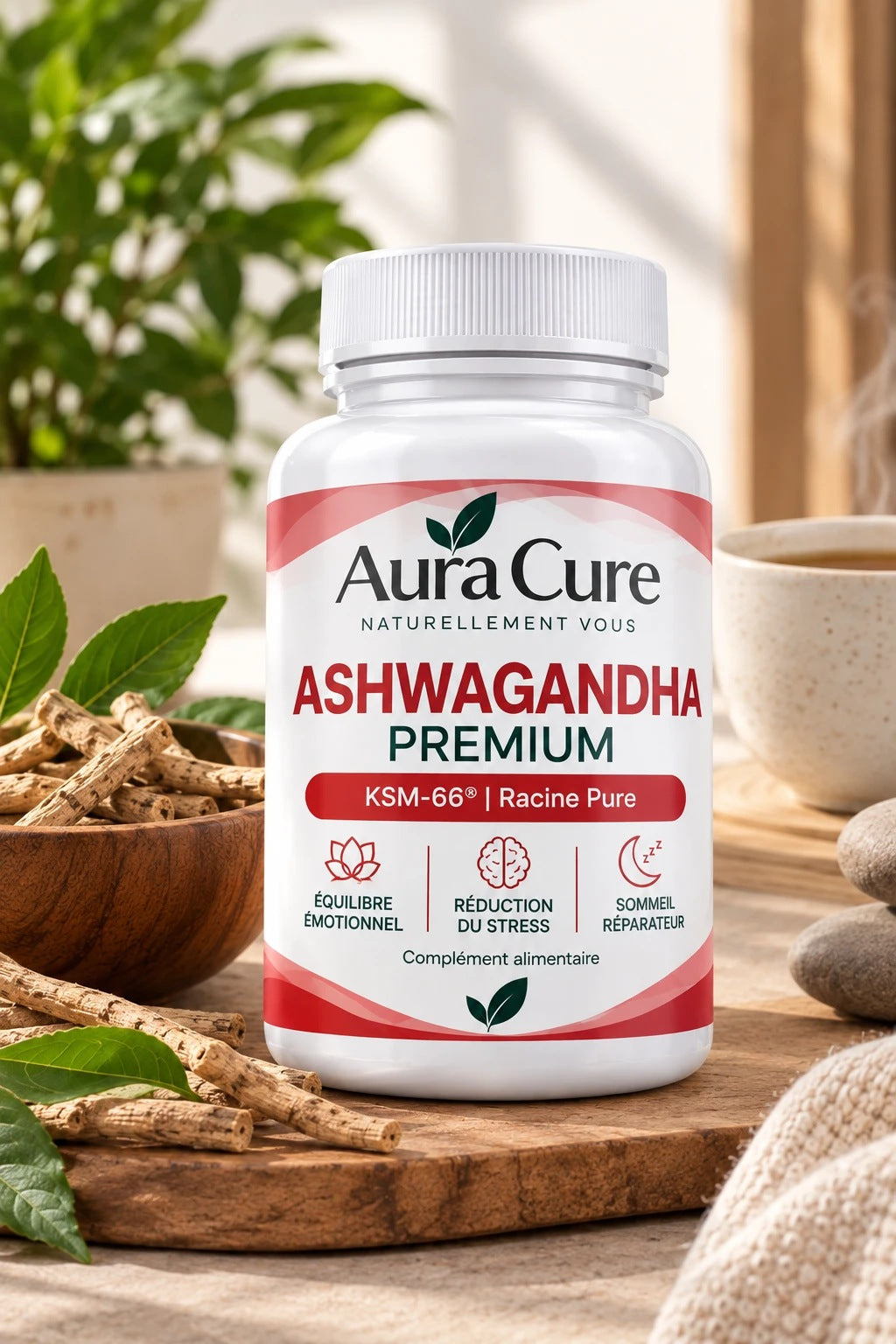 Aura Cure Ashwagandha Premium — flacon, poudre et racines d'ashwagandha, ambiance bien-être