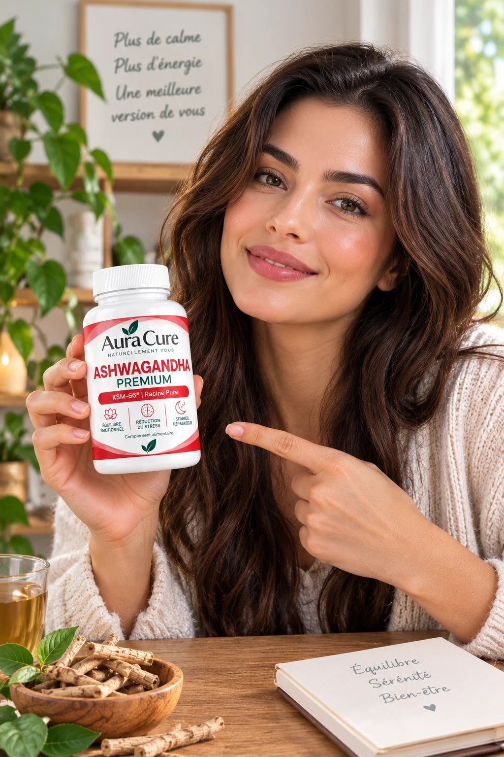 Femme souriante présentant le flacon Aura Cure Ashwagandha Premium