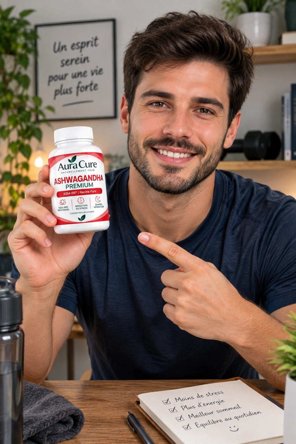 Homme souriant présentant le flacon Aura Cure Ashwagandha Premium