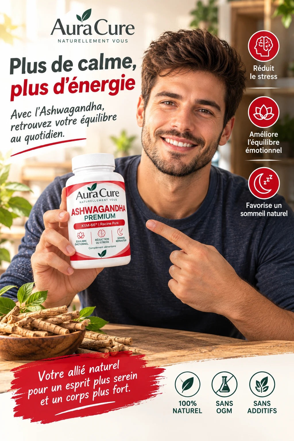 Aura Cure Ashwagandha Premium — plus de calme, plus d'énergie, 100 % naturel, sans OGM, sans additifs
