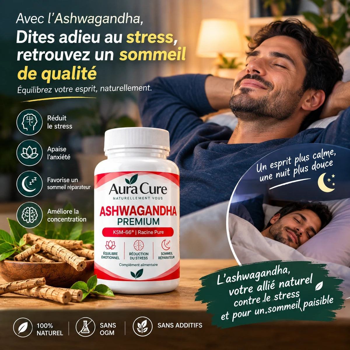 Aura Cure Ashwagandha Premium — dites adieu au stress, retrouvez un sommeil de qualité