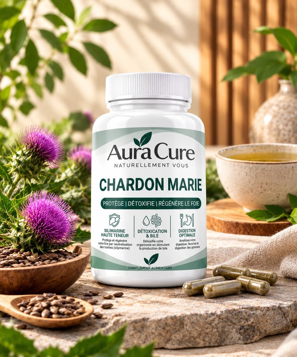 Aura Cure Chardon Marie silymarine — pot avec fleurs de chardon, graines et gélules