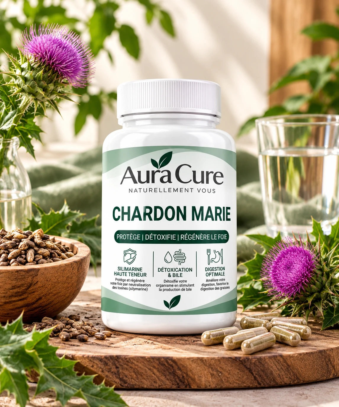 Aura Cure Chardon Marie — pot de chardon marie avec fleur, graines et verre d'eau