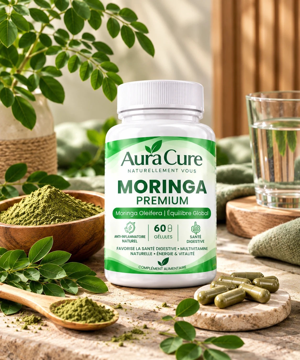 Aura Cure Moringa Premium 60 gélules — pot avec poudre de moringa, feuilles et gélules