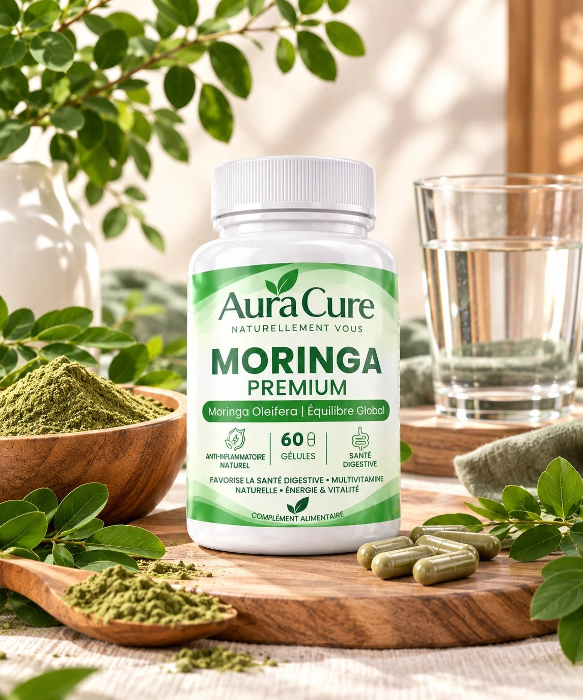Aura Cure Moringa Premium — pot de moringa oleifera avec feuilles, poudre et verre d'eau