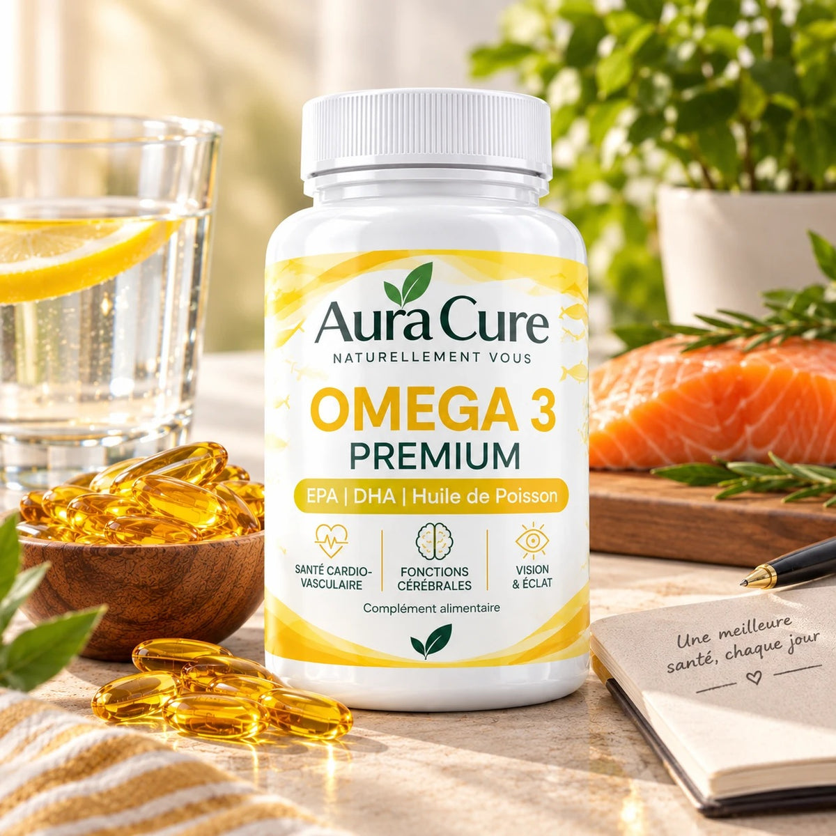 Aura Cure Oméga 3 Premium EPA DHA huile de poisson — pot avec capsules dorées, verre d'eau citronné et saumon