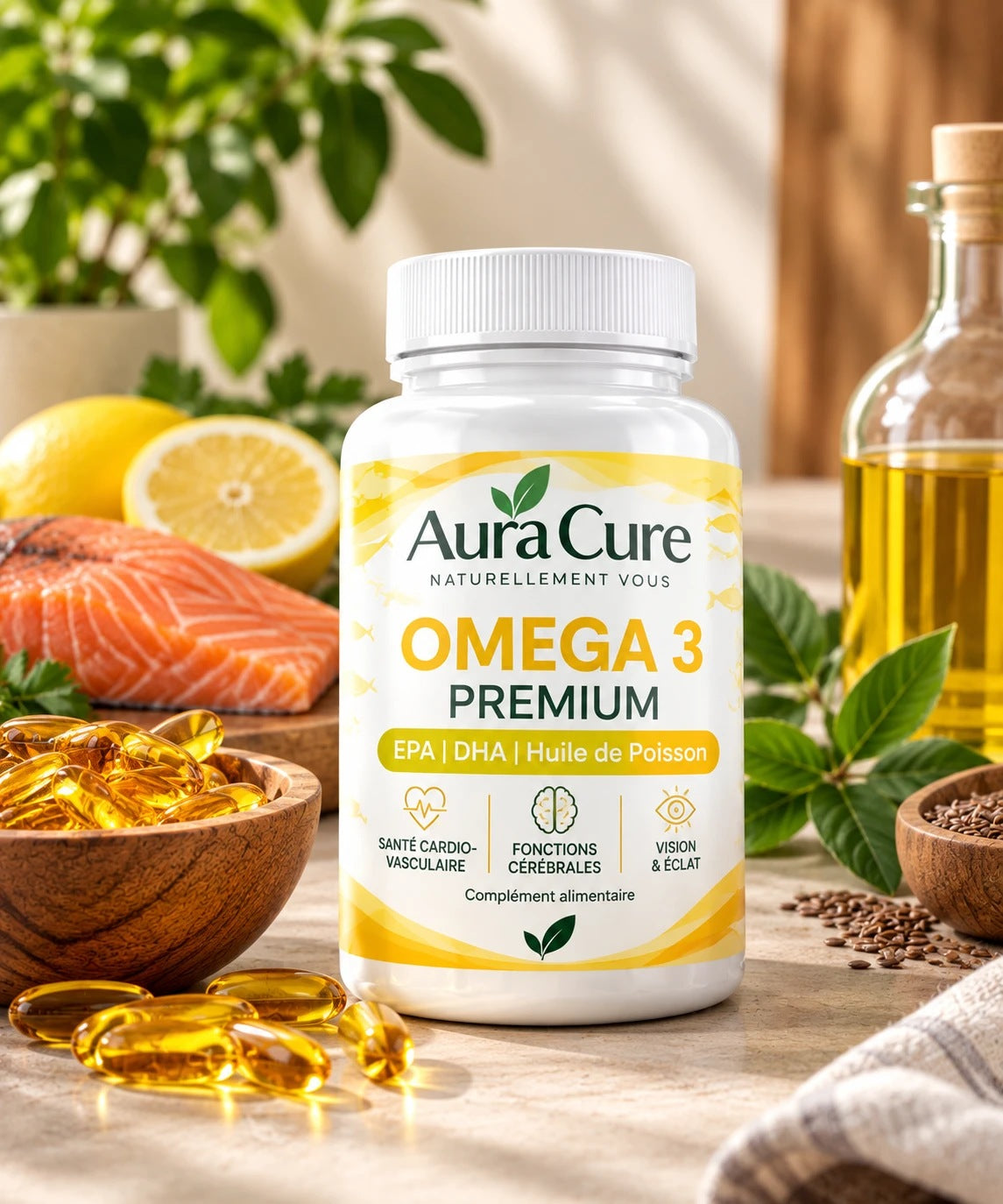 Aura Cure Oméga 3 Premium — pot d'oméga 3 avec saumon, citron, huile et capsules d'huile de poisson