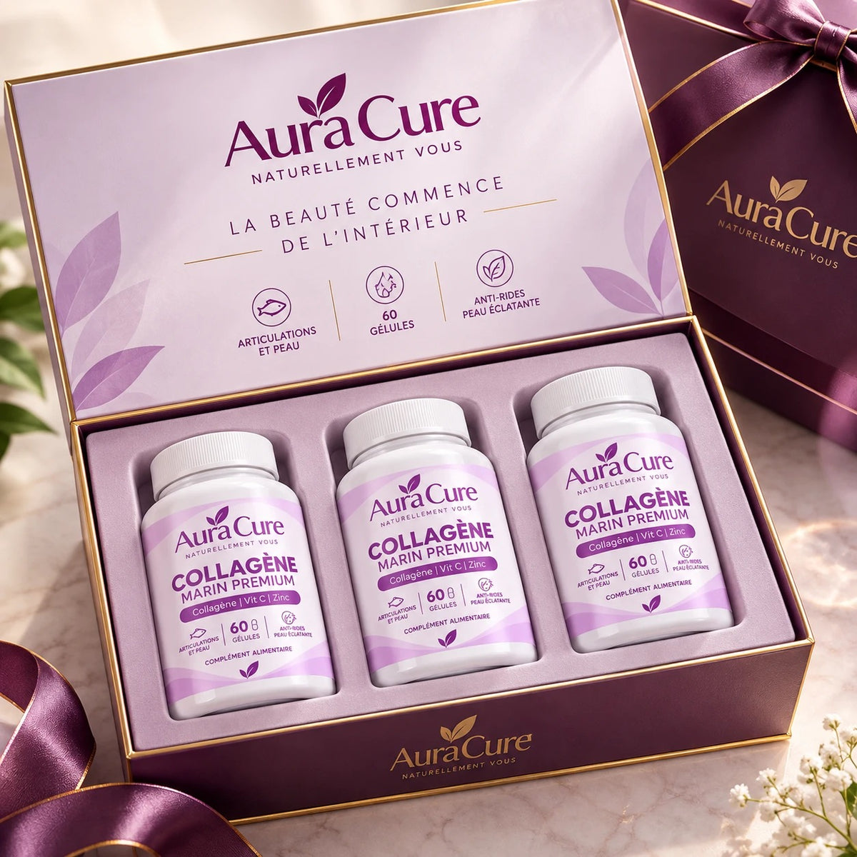 Pack Aura Cure 3 boîtes de Collagène Marin Premium dans un coffret violet