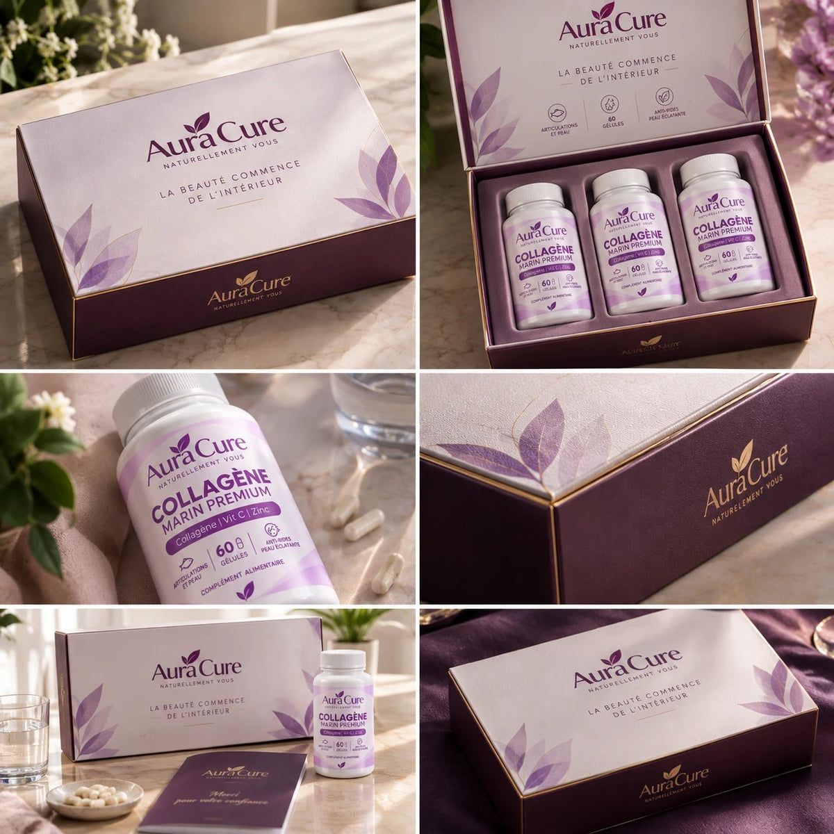 Aura Cure Collagène Marin Premium — coffret, boîte et détails du pack de 3
